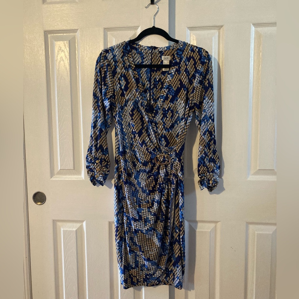 Vintage Cache Blue Snake Print Faux Wrap Long Sleeve Dress Size Large